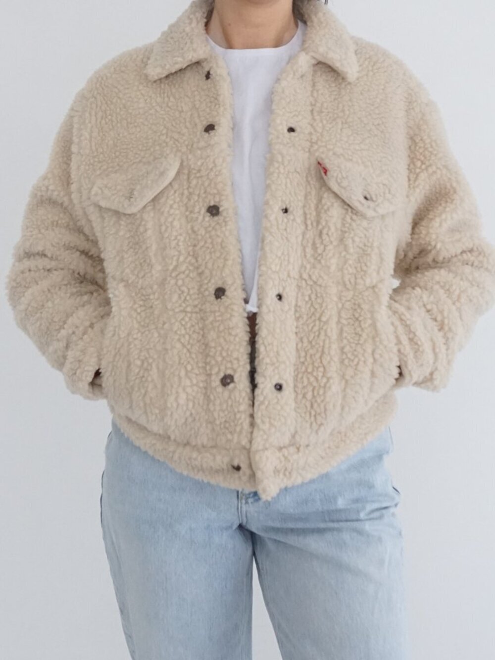 Levis Cream Sherpa Button Front Pocket Trucker Textured Jacket Cabincore S
